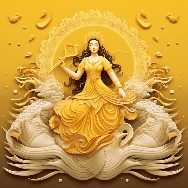 Illustration of hindu goddess saraswati maa with swans and generative ai