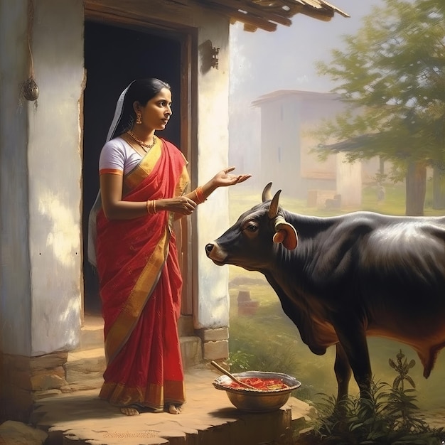 illustration of hindu woman worshipping indian cow in front of her