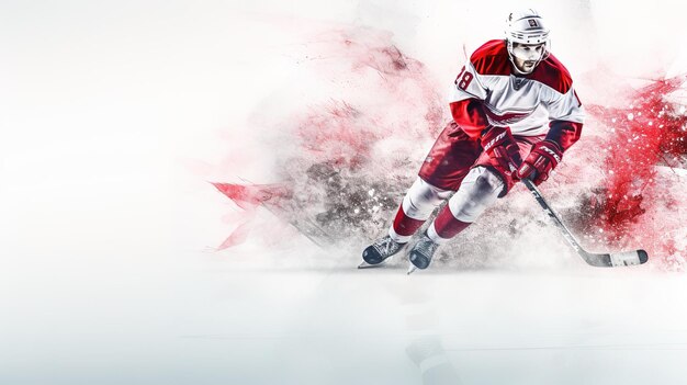 Foto illustrazione giocatore di hockey colore bianco e rosso muoversi su sfondo bianco con copia spazio ai