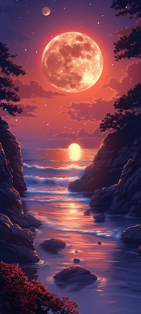 illustration of a holiday view from the beach in beautiful dark colors