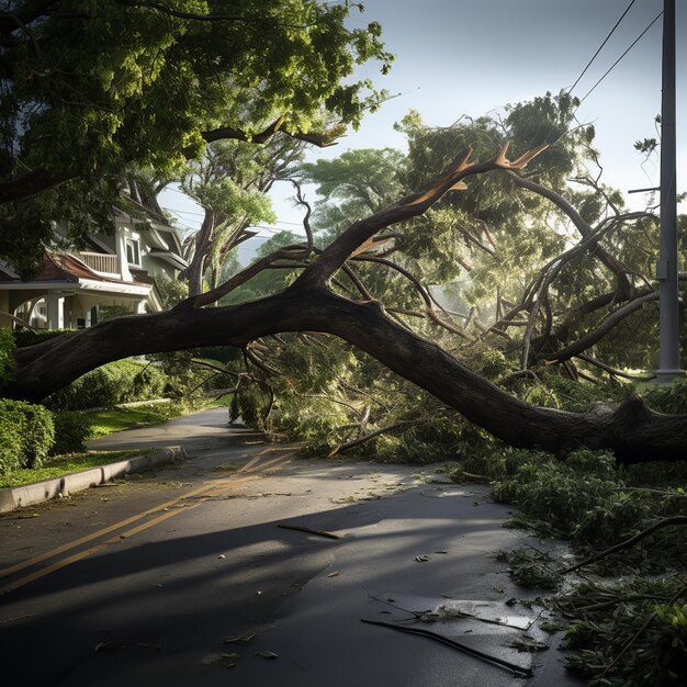 Photo illustration of horizontal view of tree that fell over driveway and