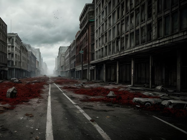 放棄された建物のある路上に血が飛び散ったホラー ゾンビ黙示録のイラスト