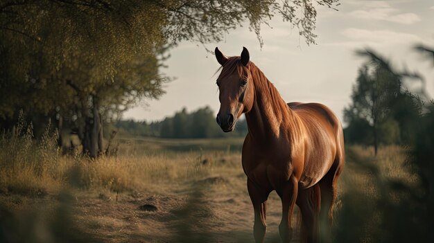 Illustration of a horse relaxing in the wild with other animals in the forest wildlife