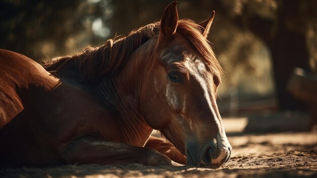 Illustration of a horse relaxing in the wild with other animals in the forest wildlife