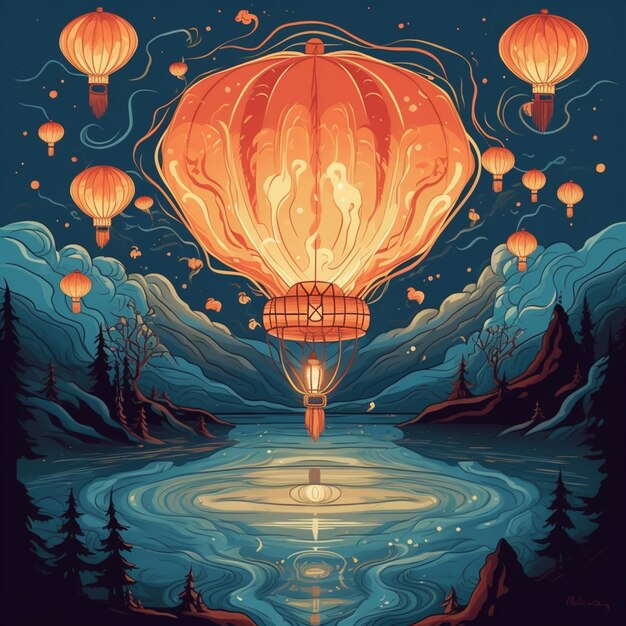 Illustration of a hot air balloon floating over a lake with trees and mountains generative ai