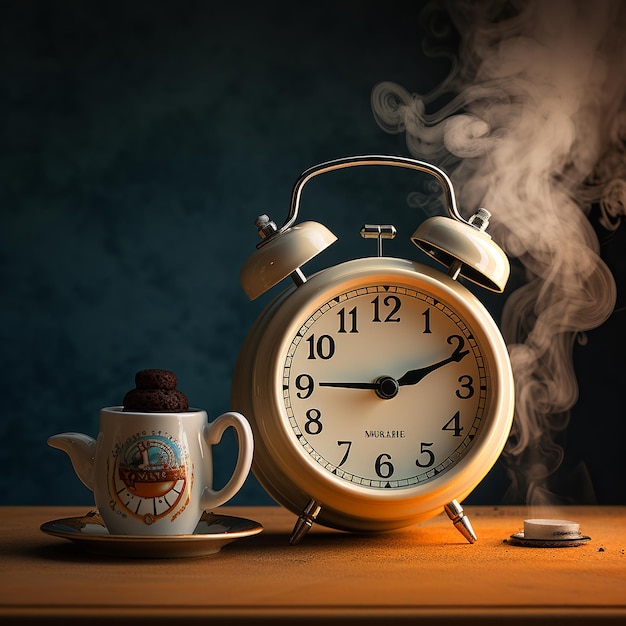 illustration of hot coffee in a retro alarm clock aspect blue back