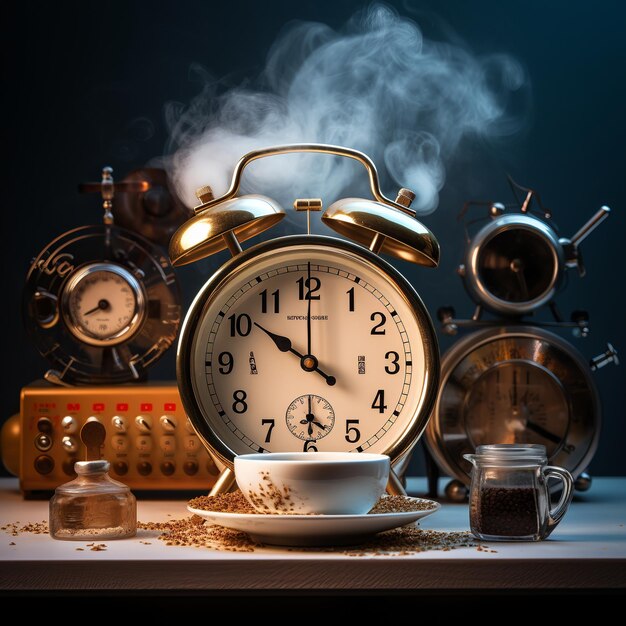 レトロな目覚まし時計の側面の青いバックのホット コーヒーのイラスト