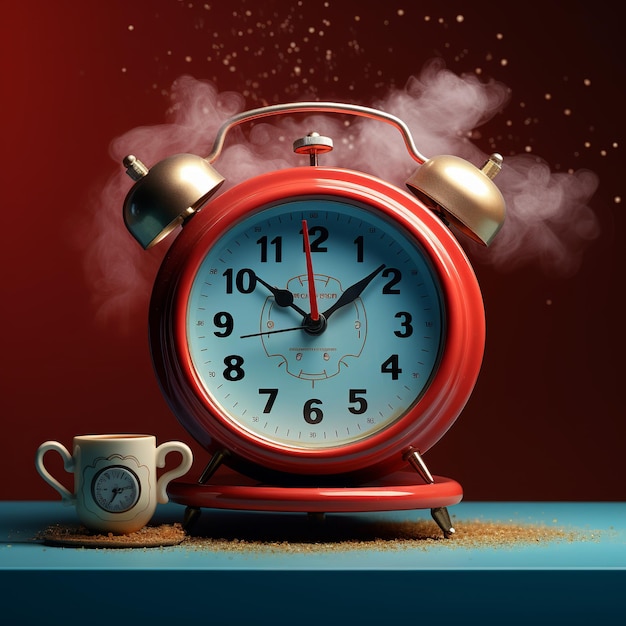 illustration of hot coffee in a retro alarm clock aspect blue back