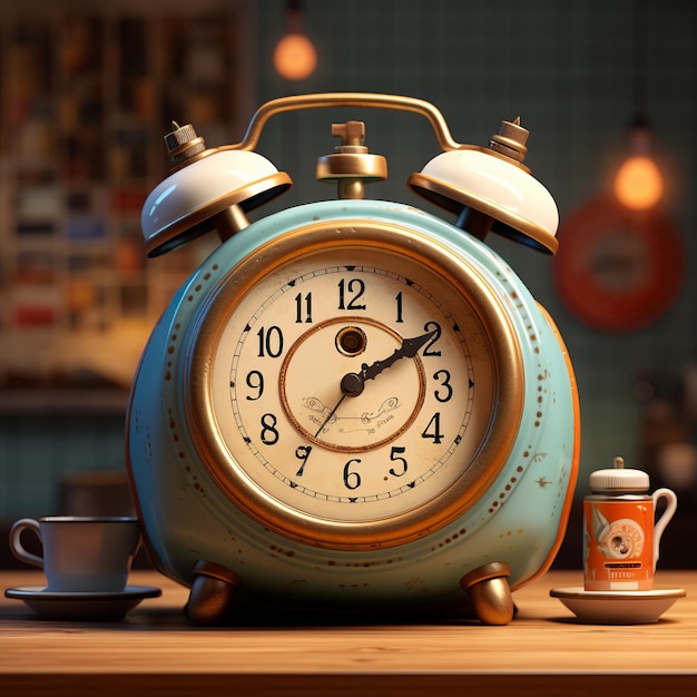 illustration of hot coffee in a retro alarm clock aspect blue back