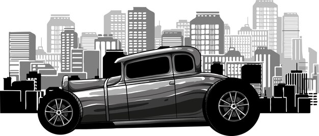 illustration of hot rod car with city in background