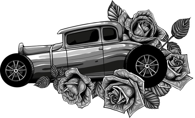 Photo illustration of hot rod car with roses