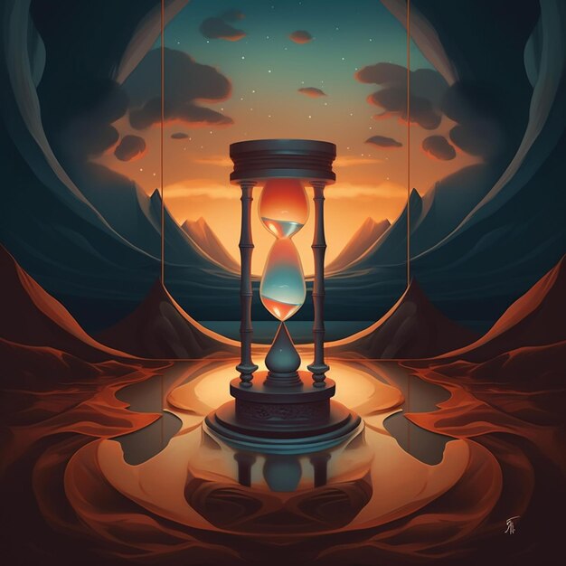 Photo illustration of a hourglass in a desert landscape with a sunset generative ai