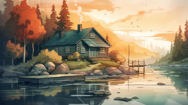 Illustration of a house by the lake