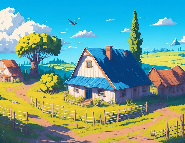 Illustration of a house in the farm with clear blue sky Generative ai