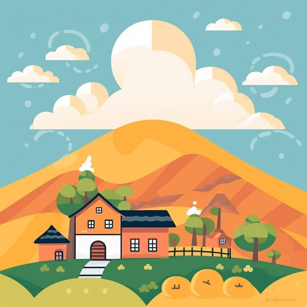 illustration of a house in a field with a mountain in the background generative ai