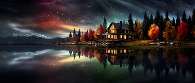 Illustration of a house in the middle of an island in autumn