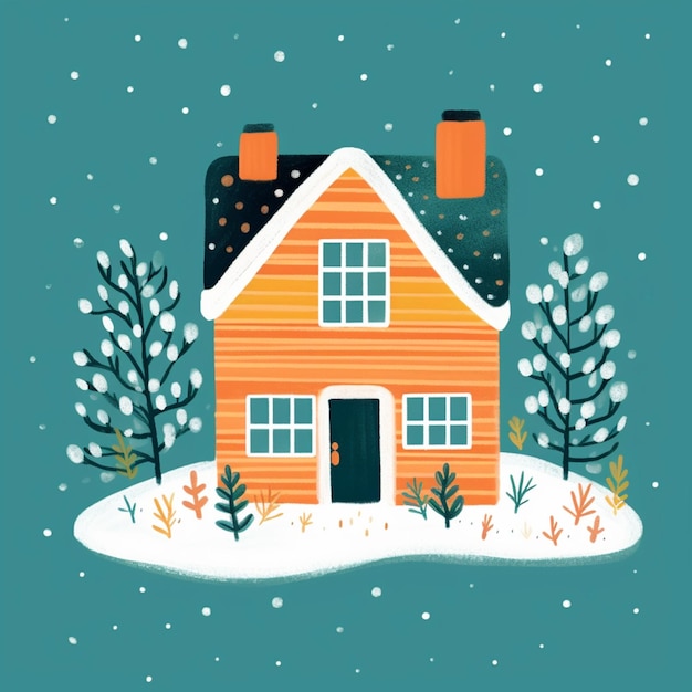 illustration of a house in the snow with trees and bushes generative ai