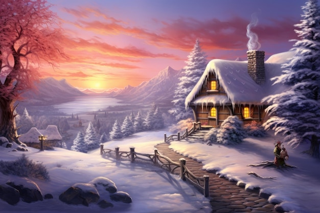 a illustration of a house in a snowy landscape
