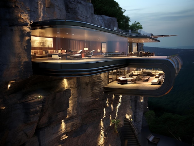 illustration of house on then rock In the cliff Modern Futuristic