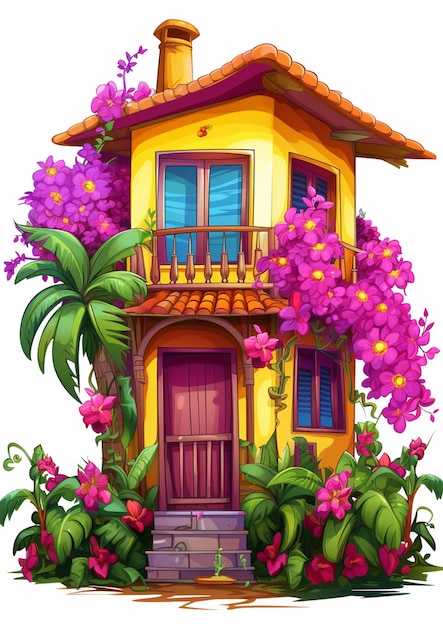 Illustration of a house with flowers and plants on a white background generative ai