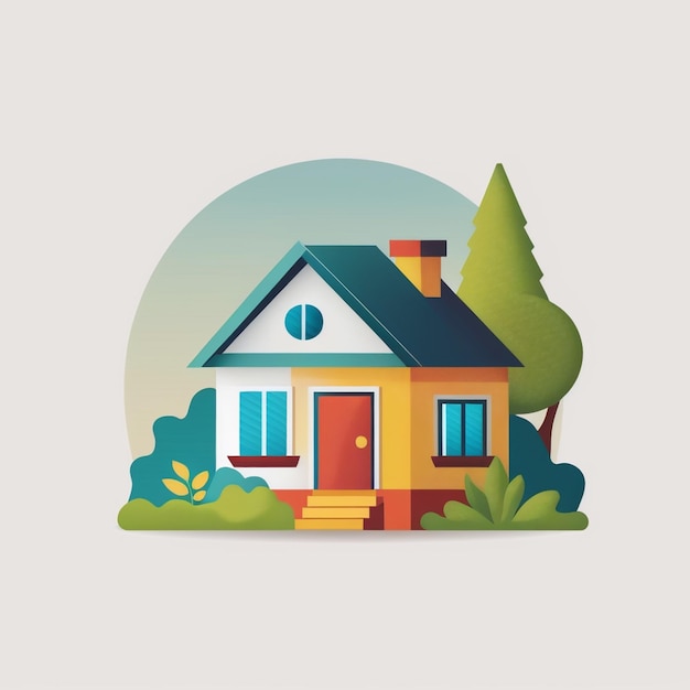 Photo illustration of a house with a tree and bushes in the front yard generative ai