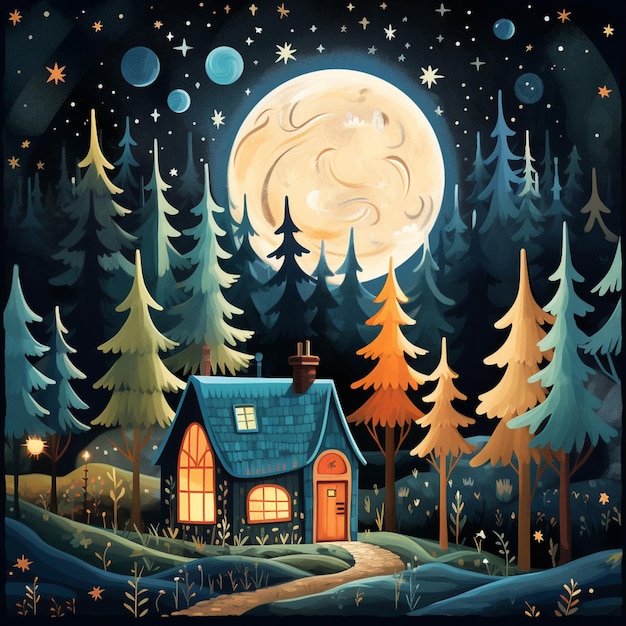 Illustration of a house in the woods with a full moon in the background generative ai