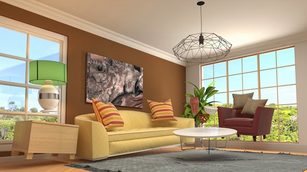 Illustration of hovering furniture in living room