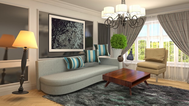 Illustration of hovering furniture in living room