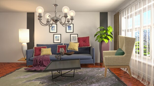 Illustration of hovering furniture in living room