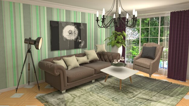 Illustration of hovering furniture in living room