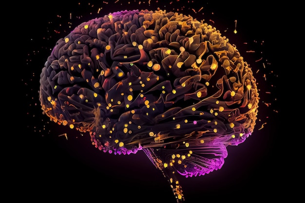 Illustration of human brain with neon connection pulse on black background AI