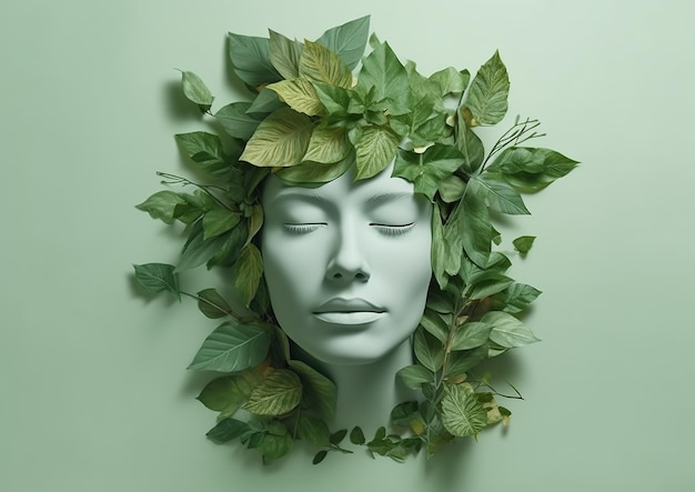 Illustration of human head and brain by green plant leaves Generative AI