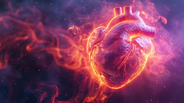 The illustration of a human heart on fire