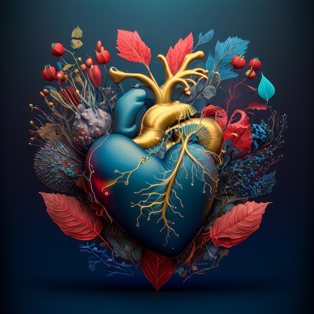 An illustration of human heart surrounded by plants and flowers Generative AI