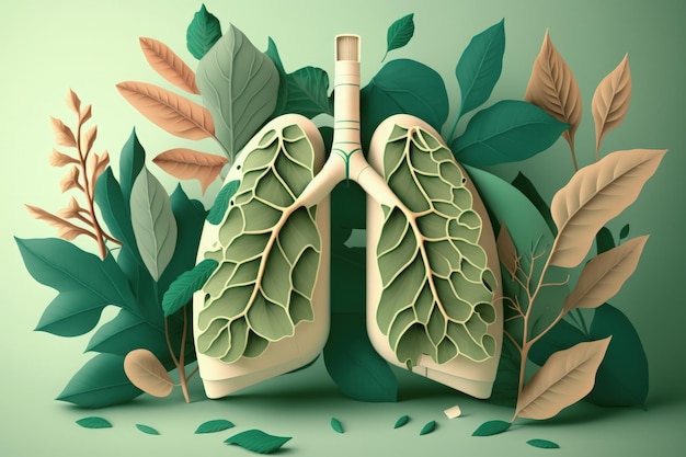 인간의 폐와 식물 건강 및 환경 관리 개념 녹색 배경 AI의 그림