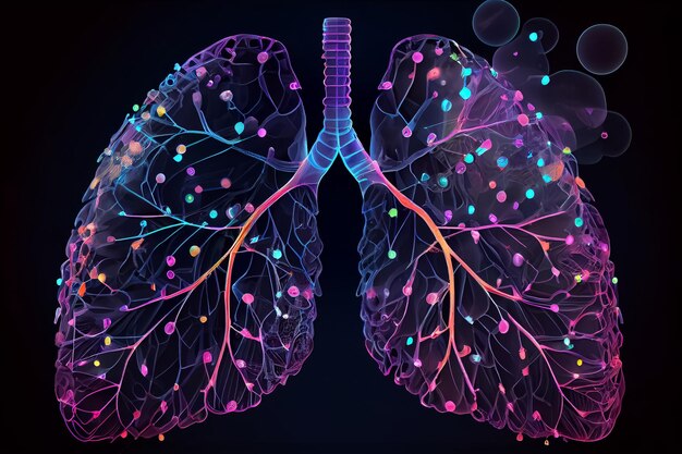 Photo illustration of human lungs and bacteria infect the organ in neon colors ai