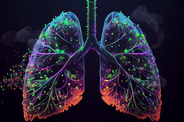 Иллюстрация легких человека и бактерий, заражающих орган неоновыми цветами AI