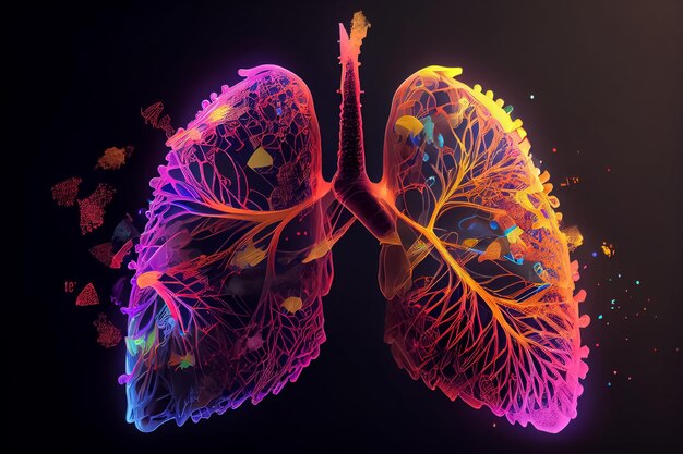 Illustration of human lungs and bacteria infect the organ in neon colors AI