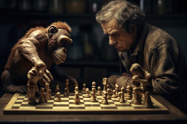 Illustration of a human male playing chess with monkey