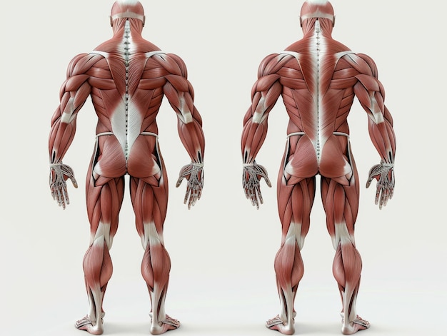 Photo illustration of human muscular system front and back view detailed anatomy