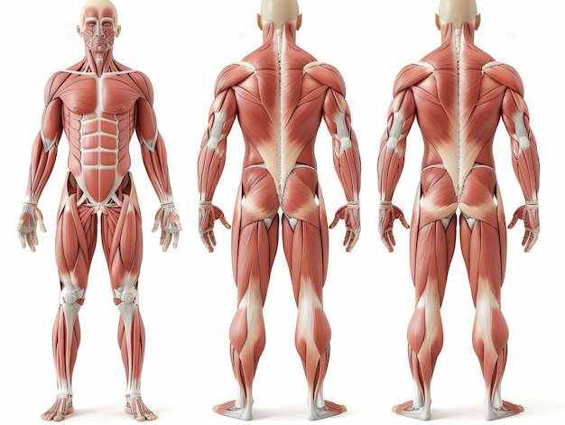 Illustration of human muscular system front and back view detailed anatomy