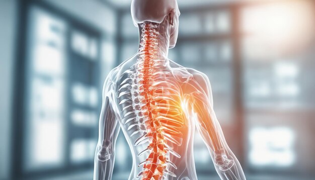 人間の脊椎のイラストで 脊椎が強調されています