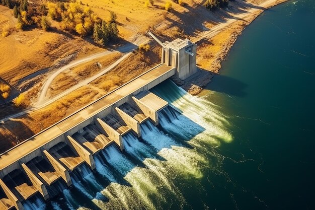 illustration of Hydroelectric dam on the river water discharg Generative ai