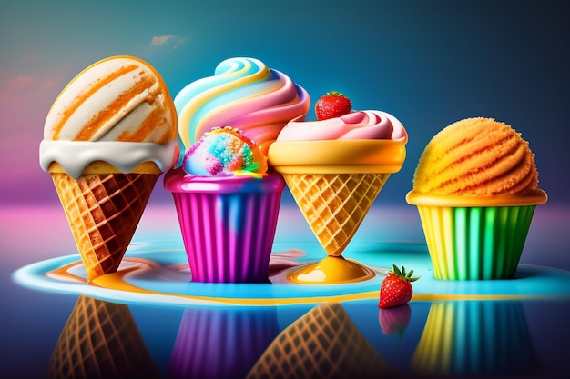 An illustration of ice cream cones with different flavors on them.