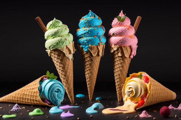 Illustration of ice cream flavor in cones Summer and sweet menu concept Created with Generative AI