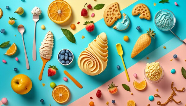 カラフルな背景にさまざまなフレーバーとフルーツを持つアイスクリームのイラスト。