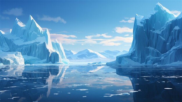 水面に太陽が反射している、水中の氷山のイラスト。