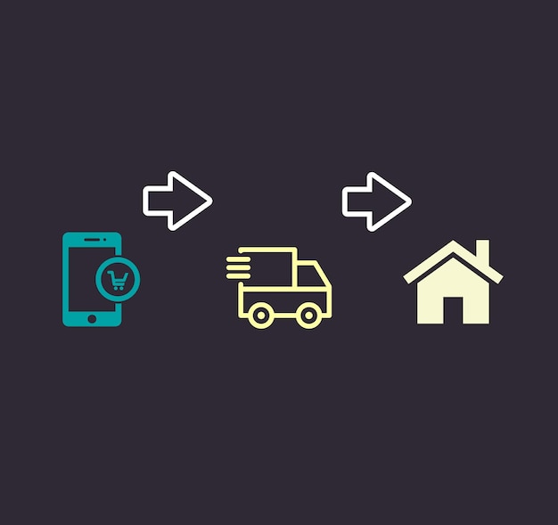 Иллюстрационная иконка смартфона, грузовика доставки и домаОнлайн-покупки с доставкой на дом