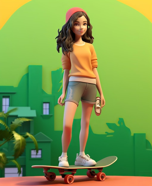 illustration of illustration 3d avatar of Spanish teen Girl on scate