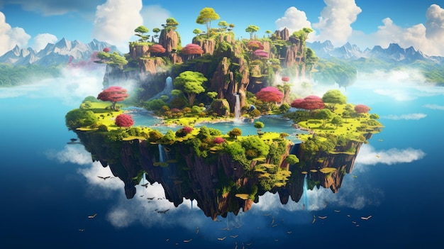 Illustration image depicting a majestic landscape where the sky is adorned with floating islands with green nature and beautiful waterfalls